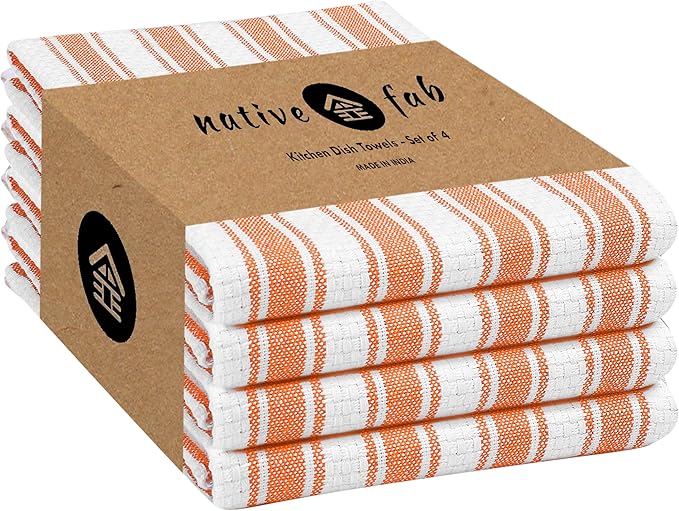 Native Fab Stripe Kitchen Towels - 4 Pack - Basket Weave 100% Cotton Dish Towel - 16x26 inches - Absorbent Towels for Cleaning, Quick Drying, Washable Dish Cloths with Hanging Loop - Orange White