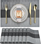 Placemats Set of 8 - Easy Clean Washable Vinyl Placemats - Heat Resistant Placemats for Kitchen Table - PVC Table Mats for Dining Table (Black and Gray, 8)