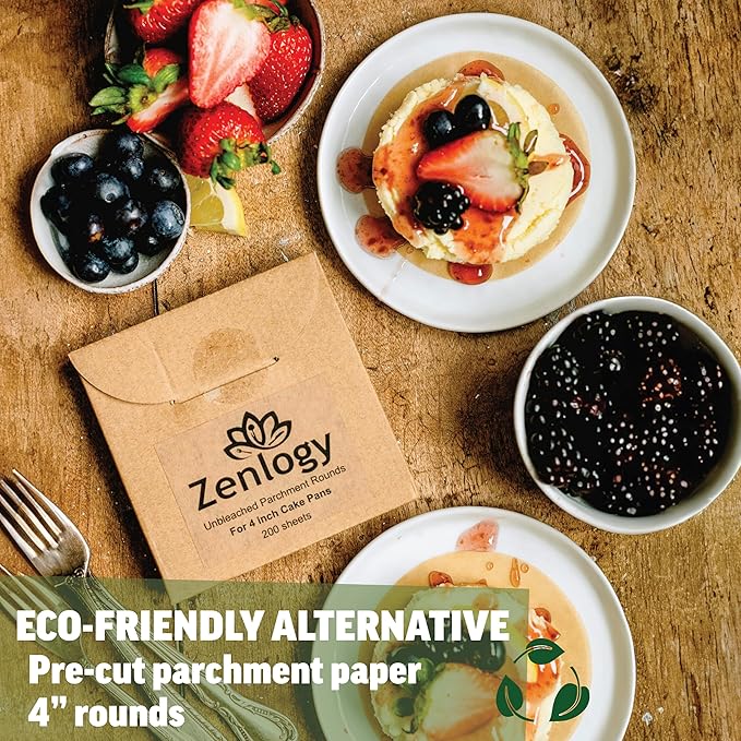 Zenlogy 4 Inch Small Parchment Paper Rounds (200 Sheets) - Unbleached, Pre-cut, High Heat, Round Liners - Fits 4 inch Small Round Pans or Great for Lining, Freezing and Storing, and Separating