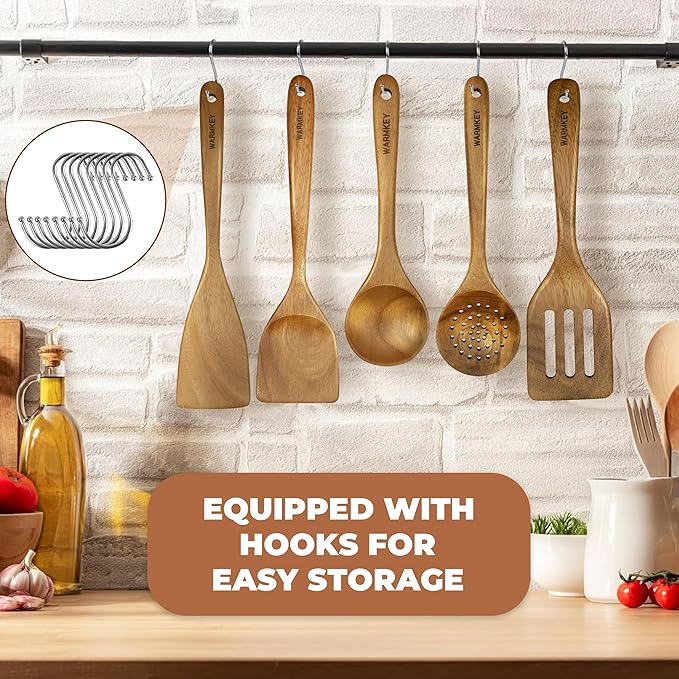 Acacia Wood Kitchen Utensil Set 9PC - Natural Wooden Cooking Tools for Nonstick Pans&Stir Frying, Scratch-Proof & Heat Resistant, Sturdy & Lightweight with Spoon Rest(Spatula/Spoon/Salad Fork)