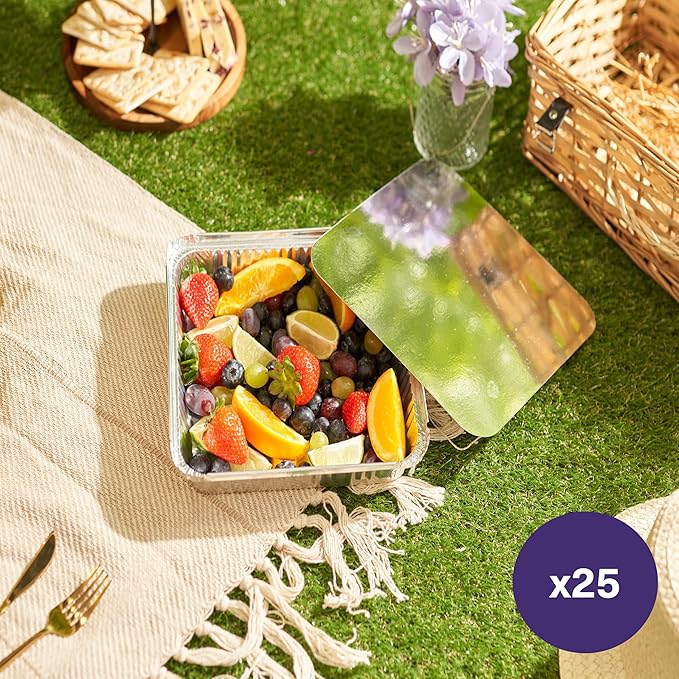 MATANA 9x9 Aluminum Pans with Lids (25 Pack) Disposable Aluminum Trays - 9" Inch Square Foil Cake Baking Pans & Food Containers with Lids