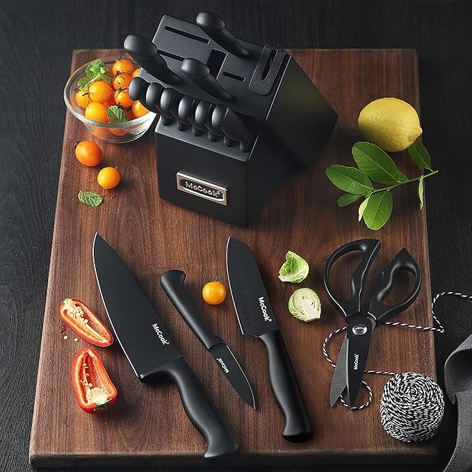 McCook® Knife Sets,German Stainless Steel Knife Block Sets with Built-in Sharpener, Black