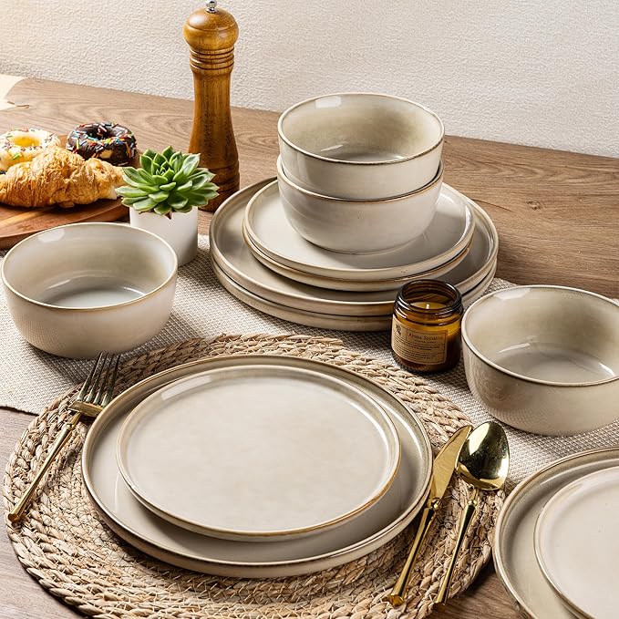 AmorArc Stoneware Dinnerware Sets,Round Reactive Glaze Ceramic Plates and Bowls Sets,Highly Scratch Resistant | Microwave & Dishwasher Safe,Cappuccino,Service for 8 Dishes Set