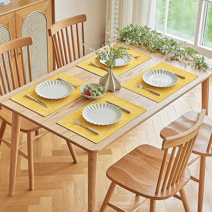 Softalker Faux Linen Placemats Set of 6-12 x 18 Inch, Heat Resistant Double Layered Durable Burlap Farmhouse Place Mats, Non-Slip Washable Rustic Table Mats for Dining, Kitchen, Party（Yellow
