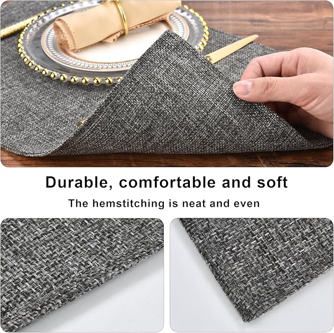 Dark Gray Cloth Placemats Set of 8 - Easy to Clean Fabric Table Placemats - Machine Washable Placemats- Heat Resistant Non-Slip Table Mats (Dark Gray, 8)