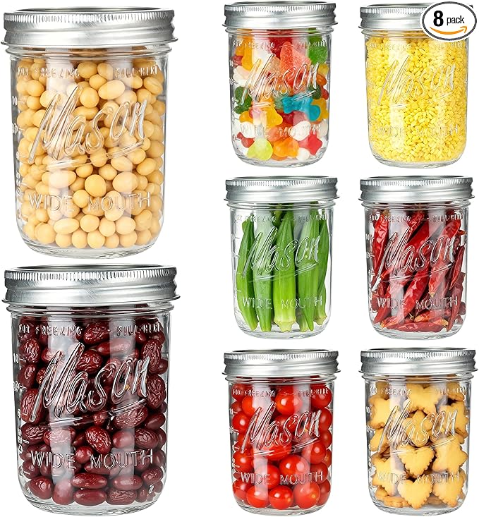 Wide Mouth Mason Jars 16 oz with Lids [8 Pack], Mason Jars with Lids, Canning Jars with Leak Proof, 16 oz Glass Jars for Fermenting, Meal Prep, Freezing, Preserving