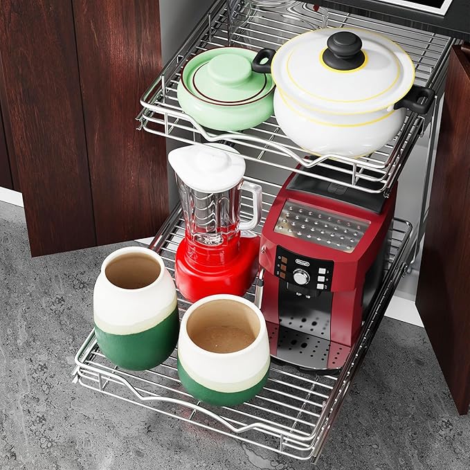 HOLDN’ STORAGE Two Tier Pull Out Cabinet Organizer, Individual Sliding Drawers - Heavy Duty Metal with Lifetime Limited Warranty - Anti Rust Chrome Finish - 22.5" W x 21”D x 16.5" H