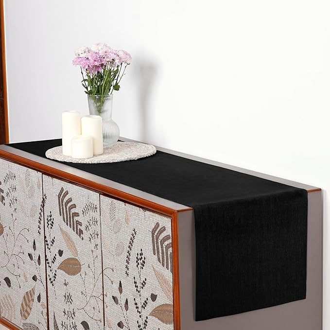 D'Moksha Homes Linen Black Table Runner 120 Inches Long - 100% Pure Linen Dining Table Runner 14 x 120 Inch for Summer, Fall and Halloween - Machine Washable