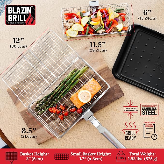 BLAZIN' GRILL Baskets for Outdoor Grill | 2 Grilling Baskets with Detachable Handle | Grill Baskets for Outdoor Grill with BBQ Gloves | Barbecue Grill Set for Vegetables, Seafood & Meat | Fish Grill Basket