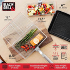 BLAZIN' GRILL Baskets for Outdoor Grill | 2 Grilling Baskets with Detachable Handle | Grill Baskets for Outdoor Grill with BBQ Gloves | Barbecue Grill Set for Vegetables, Seafood & Meat | Fish Grill Basket
