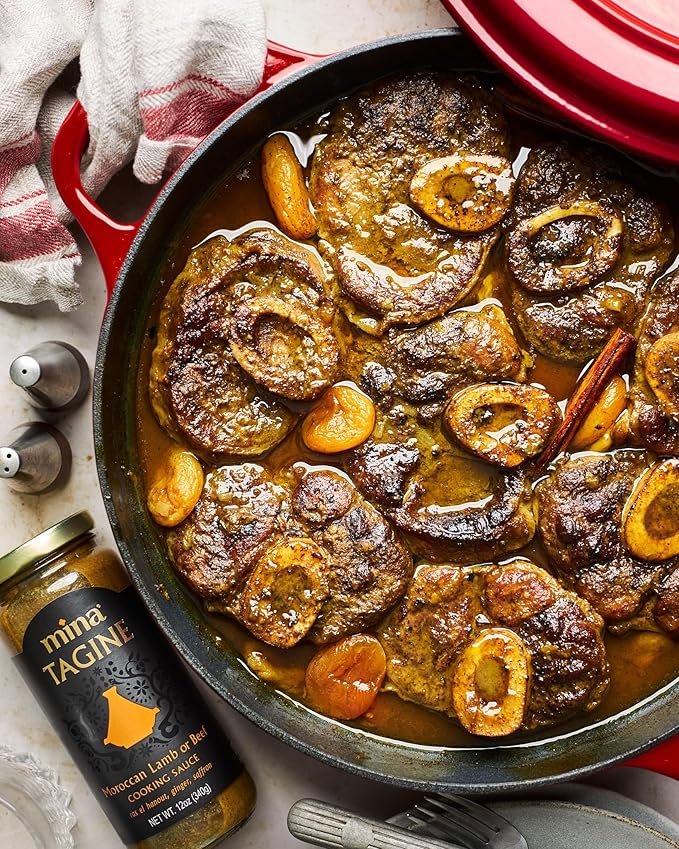 Mina Tagine Moroccan Simmer Sauce, 12 oz - Royal Ras El Hanout Spice Blend for Beef & Lamb, Tagine Sauce Made with Ginger, Cinnamon, Saffron, Olive Oil, Non-GMO, Gluten Free
