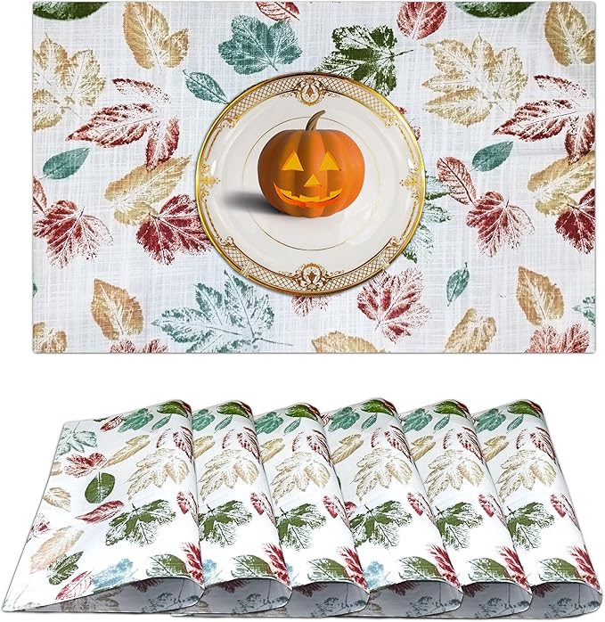 Ruvanti Placemats 100% Cotton 13x19 Inch, Dining Table Placemats Set of 6, Modern Place Mats for Dining Table Decor, Kitchen & Table Linens, Coffee Mat for Christmas Dinners - Stamped Leaves