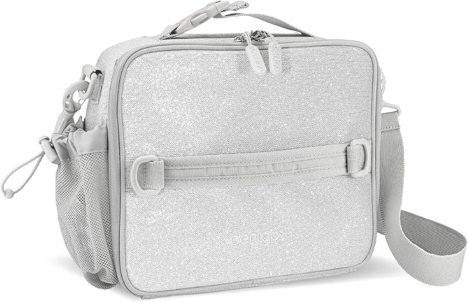 Bentgo Kids Lunch Bag - Double-Insulated, Reusable Lunch Bag for Kids 3+ with Adjustable Strap; Holds Lunch Box/Water Bottle/Snacks; Easy-Clean, Water-Resistant & Pockets (Glitter Edition - Silver)
