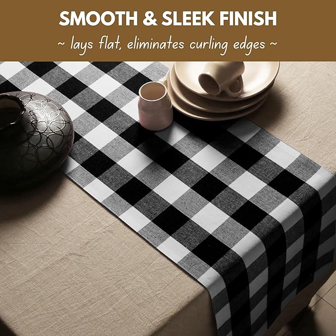 Native Fab Table Runner Buffalo Check Plaid 100% Cotton - 13x72 Inches Kitchen Dining Table Decoration for Indoor Outdoor Farmhouse Home Party Decor - Black and White