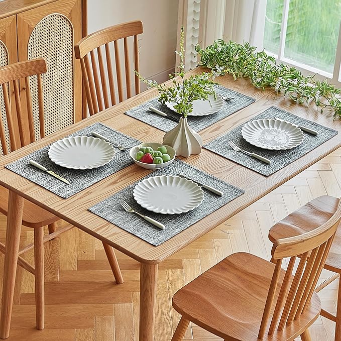 Softalker Faux Linen Placemats Set of 6-12 x 18 Inch, Heat Resistant Double Layered Durable Burlap Farmhouse Place Mats, Non-Slip Washable Rustic Table Mats for Dining, Kitchen, Party（Ash Grey