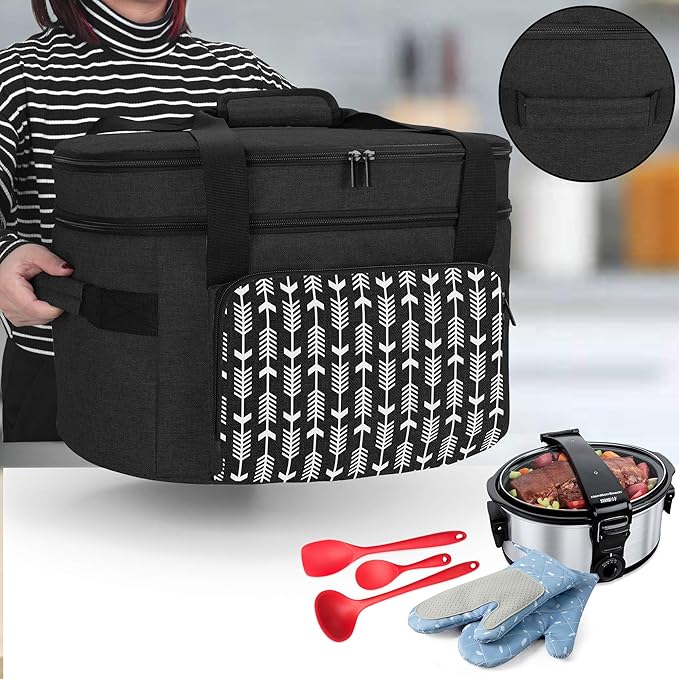 Yarwo 2025 Upgraded Slow Cooker Travel Bag with Bottom Board Compatible with Crock-Pot and Hamilton Beach 6 7 8 Quart, Double Layers Oval Slow Cooker Carrier, Black with Arrow (Bag Only)