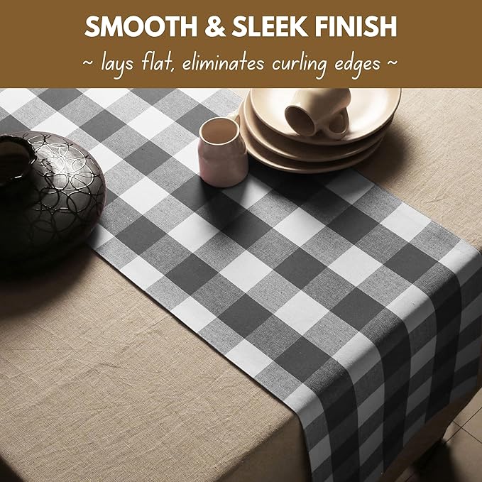 Native Fab Table Runner Buffalo Check Plaid 100% Cotton - 13x102 Inches Kitchen Dining Table Decoration for Indoor Outdoor Farmhouse Home Party Decor - Grey and White