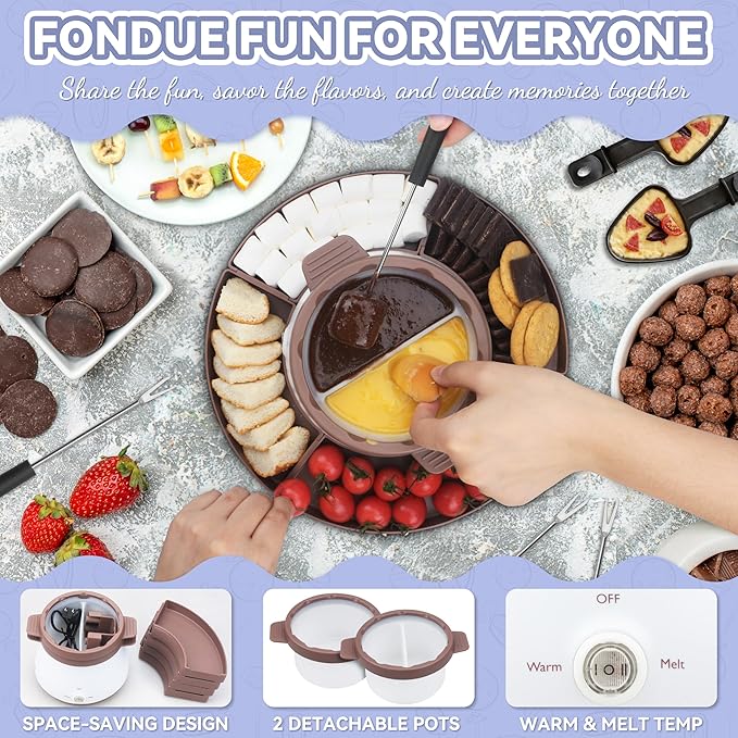 Electric Fondue Pot Set with 2 Pots, Melting Chocolate Warmer for Dipping, Candy & Chocolate Melting Pot, Fondue Pot Electric Set, Fondue Forks Included, 2.5 Cups, Brown