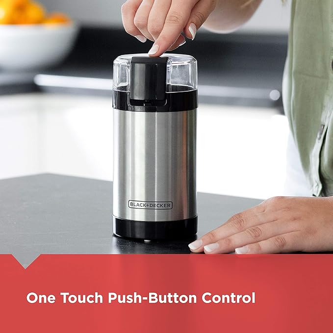 BLACK+DECKER One Touch Coffee Grinder, 2/3 Cup Coffee Bean Capacity, Spice Grinder, One Touch Push-Button Control -150 Watts -Stainless Steel Blades (Pack of 4)