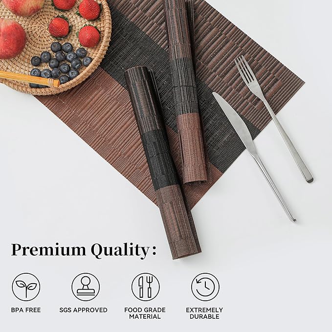 Leetaltree Brown with Black Striped Placemats Set of 6 - Heat Resistant Non-Slip Place mats for Dining Table, Washable Durable PVC Vinyl Woven Table Mats（Brown Stripe, 6）