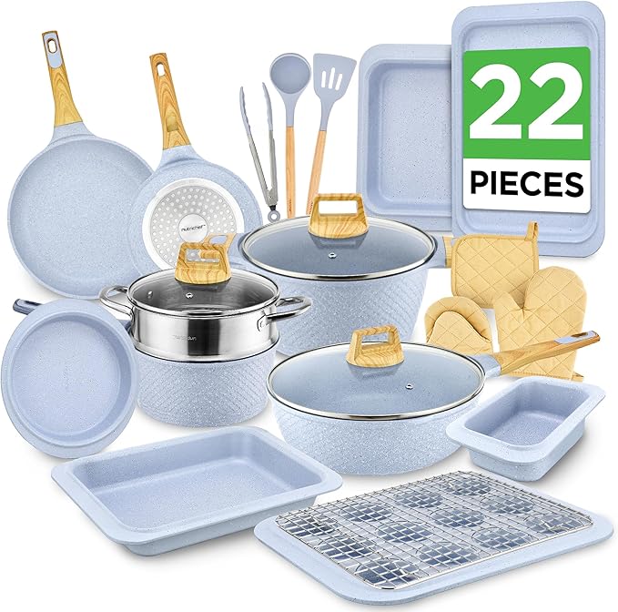 Nutrichef 22-Piece Cookware and Bakeware Set | Professional Home Kitchen Collection with Multi-Sized Pots, Pans, Non stick and Heat-Resistant Tools (Moon Grey Marble)