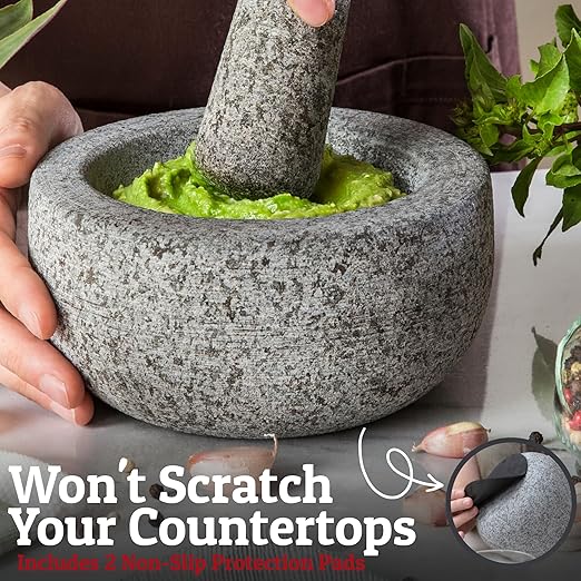 Priority Chef Heavy Duty Extra Large Mortar and Pestle Set, 4 Cup, Hand Carved from Natural Granite, Make Fresh Guacamole, Salsa, Pesto, Stone Grinder Bowl, Herb Crusher, Spice Grinder, Grey