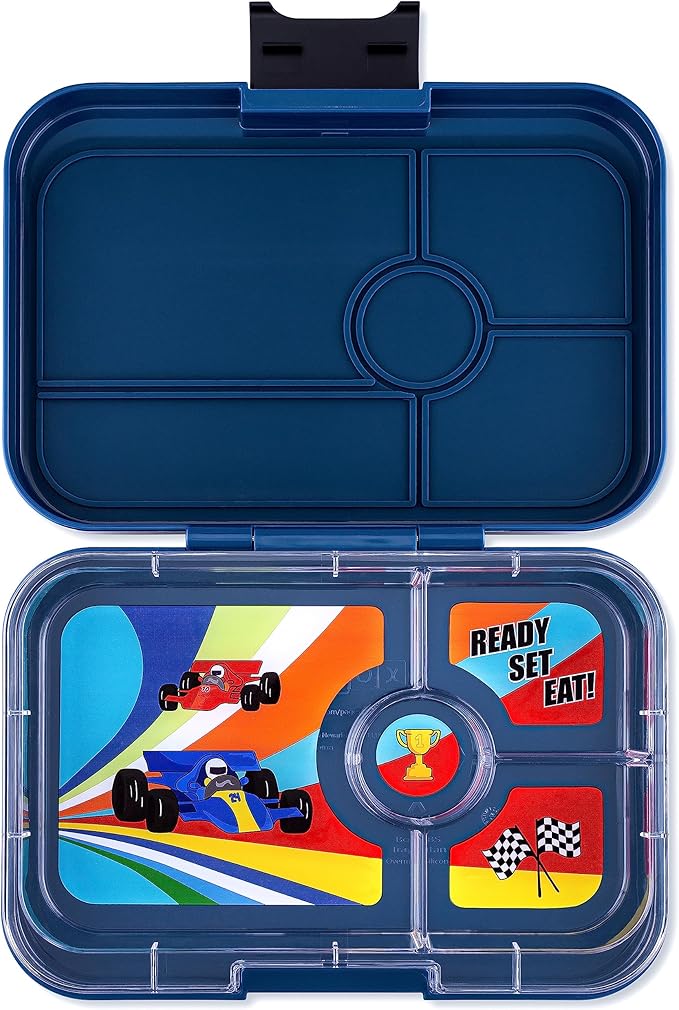 Yumbox TAPAS Larger Size Leakproof Bento Lunch Box, 4 Compartment Removable Tray, Pack Sandwiches, Salads, Healthy Sides and Dips, Lunch box for Adults and Kids (Monte Carlo Blue Race Cars)
