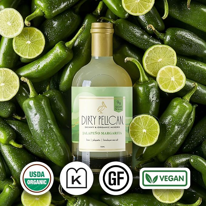 Dirty Pelican Cocktail Mixers - Spicy Jalapeno Margarita - Skinny & Organic Drink Mixes for Cocktails - Low Calorie Mocktails - Low Sugar - Vegan - Gluten Free - No Preservatives - 750ml (1 Bottle)
