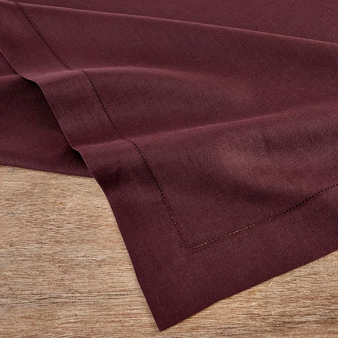 Solino Home Linen Burgundy Tablecloth 60 x 108 Inch - Classic Hemstitch, 100% Pure Linen Rectangular Tablecloth - Machine Washable Table Cloth for Summer, Fall, Autumn