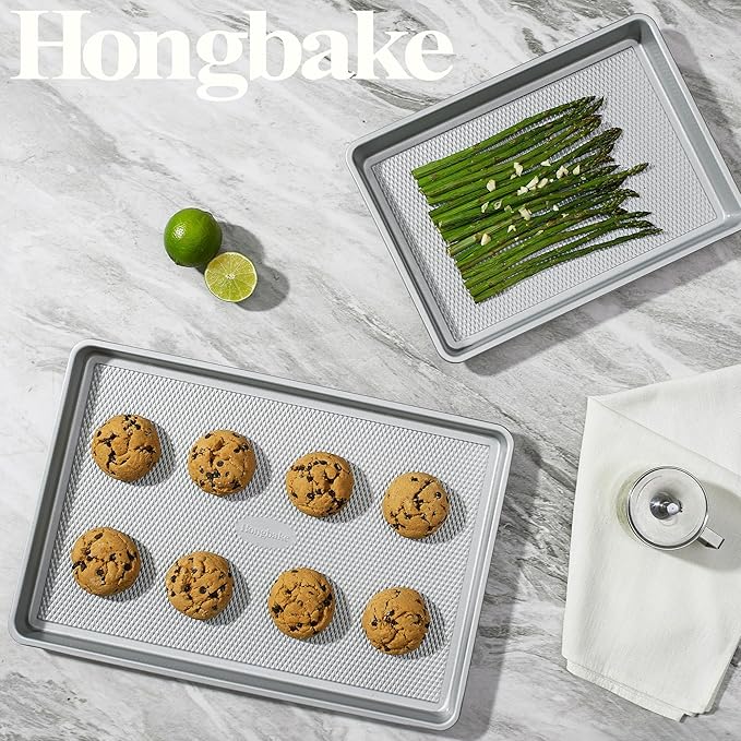 HONGBAKE Naturally Non Toxic Baking Sheet Pan Set of 3, Heavy Duty Aluminized Steel Cookie Sheets, Half/Quarter/Jelly Roll Pans with Textured Nonstick Surface, Free of PTFE & PFOA