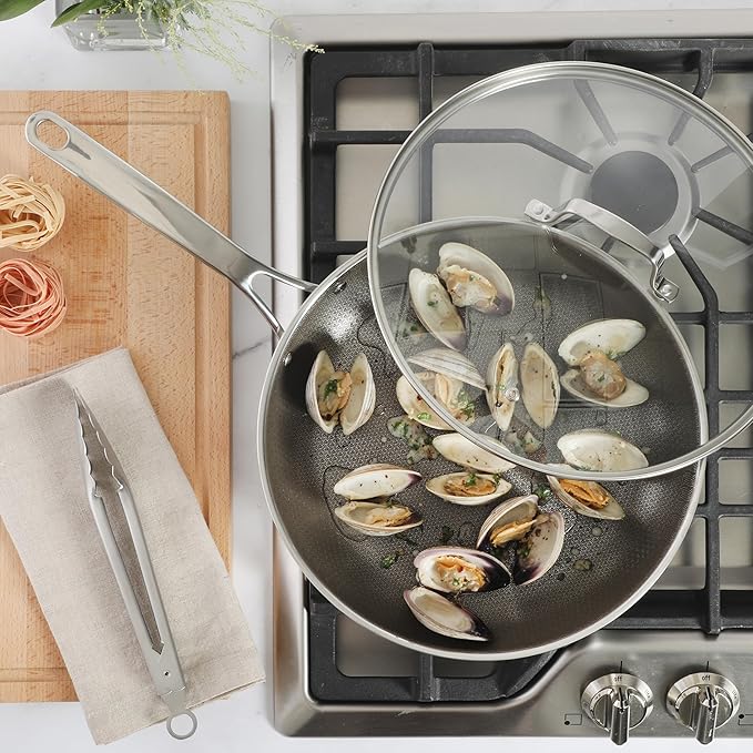 Martha Stewart Badgley Hybrid Nonstick 12 Inch TriPly Stainless Steel Large Fry Pan With Lid & Stay Cool Handle - Laser Etched Non-Toxic Nonstick Skillet - Dishwasher and Induction Safe