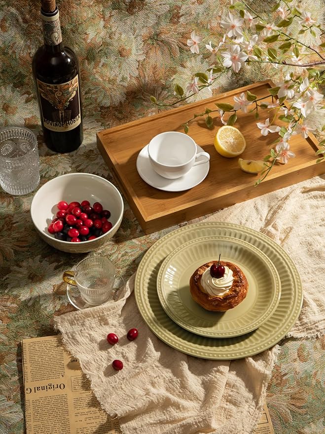 Famiware Garden Plates and Bowls Set for 6, 18-Piece Kitchen Dishes Dinnerware Set - Microwave and Dishwasher Safe, Scratch Resistant, Reactive Glaze and Embossed Stoneware Tableware, Yellow