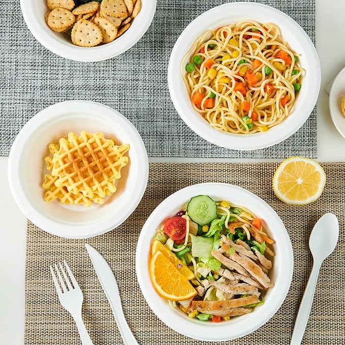 ECOLipak 150 Pack Compostable Disposable Paper Bowls, 16 OZ Heavy duty Biodegradable Eco Friendly Sugarcane Bagasse Bowls Great for Soup, Salad, Milk Cereals