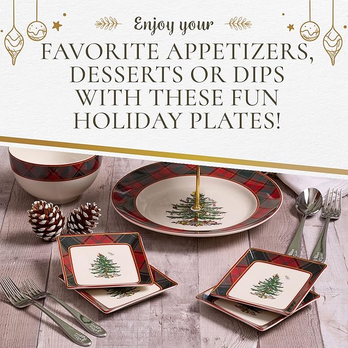 Spode Christmas Tree Tartan Square Tidbit Plates (Set of 4) - 5" Holiday Appetizer Platter for Christmas Entertaining - Traditional Tartan Plaid with Iconic Tree Motif - Microwave and Dishwasher Safe