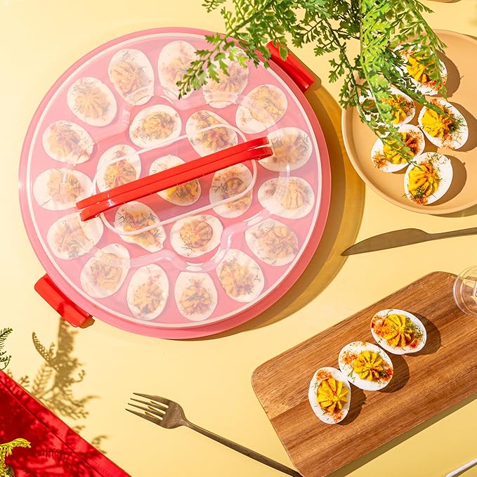 Classy Deviled Egg Carrier with Lid & Handles - Tray Platter for Holidays, Parties - Portable Container for 22 Eggs - Dishwasher-Friendly - Red