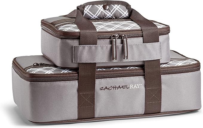 Rachael Ray Lugger Duo, Insulated Casserole Carrier for Hot or Cold Food, Thermal Lasanga Lugger Tote for Pockluck, Parties, Picnic, and Cookouts, Fits 9" x 13" Baking Dish, Sea Salt Grey