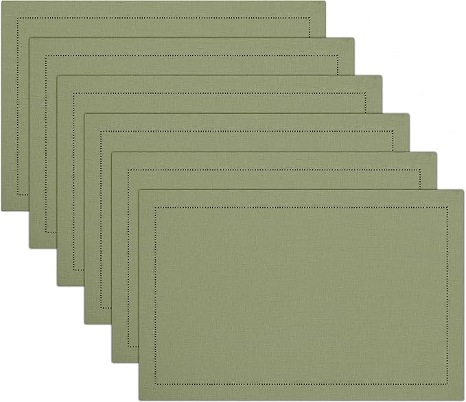 Ruvanti Linen Placemats Set of 6-13x19 Inch, Classic Hemstitch, Heat ‎Resistant Machine Washable Place Mats, Soft & Elegant- Perfect for Christmas, ‎Thanksgiving, Weddings, Dinner - Martini Olive