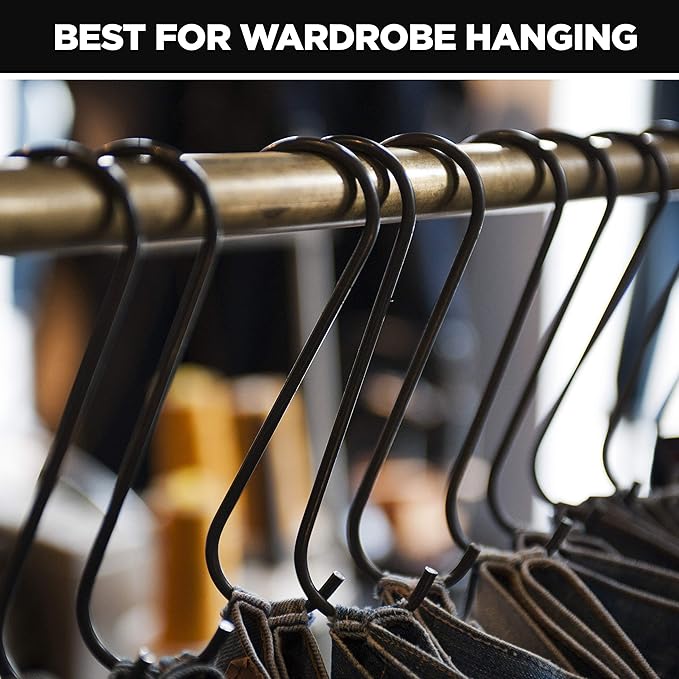 Pack of 30 Black S Hooks for Hanging Clothes Heavy Duty Stainless Steel S Shaped Hooks for Hanging Clothes, Bags, Blankets, Pots, Plants, Garage Tools and Kitchen Utensils (3.7 Inches)