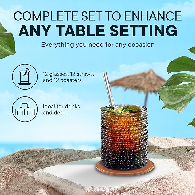 12 OZ Hobnail Drinking Set of 12 – Vintage Embossed Glassware, Textured Tumblers for Water, Beer, Cocktails, Mocktails, Whiskey & More – Includes Straws and Coasters – Smokey Gray