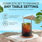 12 OZ Hobnail Drinking Set of 12 – Vintage Embossed Glassware, Textured Tumblers for Water, Beer, Cocktails, Mocktails, Whiskey & More – Includes Straws and Coasters – Smokey Gray