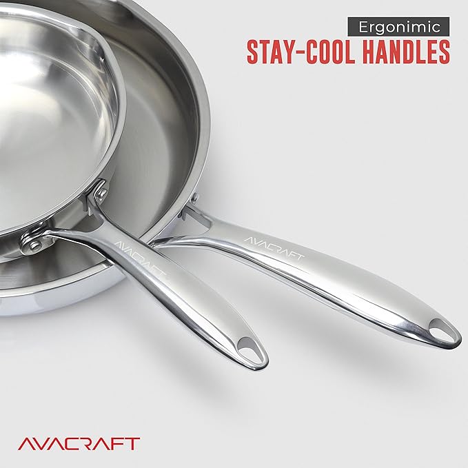 AVACRAFT 18/10 10 Inch Stainless Steel Frying Pan with Lid, Side Spouts, Induction, Versatile Stainless Steel Skillet