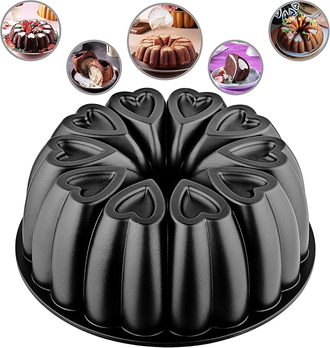 Heart Shape Aluminum Cake Pan, Titanium Coating, Non-Stick, 12 Cups, Heavy Duty, Gifts for Mom, Molded Cake Pan, 10 Inch Baking Mold, Cast Aluminum Fluted Tube Pan, Easy to Clean (Black)