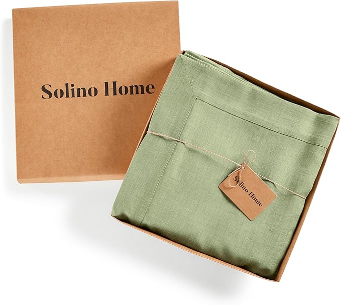 Solino Home Linen Tablecloth 54 x 72 Inch - 100% Pure Linen Chambray Olive Table Cloth for Rectangular Tables - Athena, Machine Washable Cloth Tablecloth for Summer, Fall, Autumn