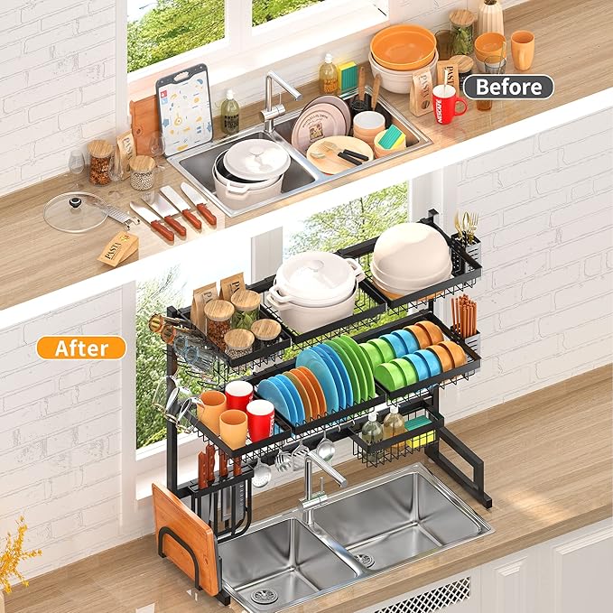 PUSDON Over Sink Dish Drying Rack Stainless Steel, Adjustable Large Dish Drainer for Storage Kitchen Organization Black 3 Tier - Standard(34"-46")