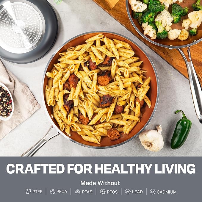 Gotham Steel 12 Pc Ceramic Cookware Set Nonstick, Ceramic Pots and Pans Set Non Stick with Steamer for Cooking, Non Toxic PFOA PFOS Free, Ergonomic Stay Cool Handles, Oven & Dishwasher Safe, Copper