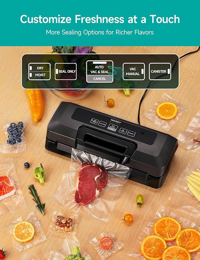HiCOZY Vacuum Sealer for Food, Powerful Heat Food Sealer, Dry Moist 7-1 Multiple Automatic Modes, Easy-Lock Handle, Compact Design with 10 Vacuum Bags & 2 Bag Rolls, Bag Cutter Included, Black