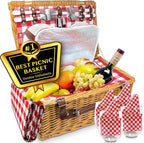 Nature Gear Picnic Basket, Wicker Basket with Handle for Outdoors, Insulated Woven Basket, Includes a Service Kit of Dinnerware & Wine Glasses, Picnic Basket Set for 4 with Blanket, Red & White