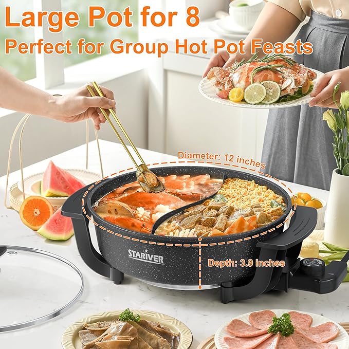 Stariver 6L Electric Hot Pot with Divider - Dual-Flavor Fondue & Shabu Shabu Pot, 1360W with 5-Temp Control, Non-Stick & BPA-Free, Perfect for Family Dinners & Parties