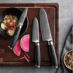 Wakoli MIK Damascus 3-Piece Knife Set – Japanese Style Kitchen Knives | Genuine Damascus Steel Blades with VG10 Core | Ergonomic Micarta Handles | Professional Chef Knife Gift Set in Elegant Box