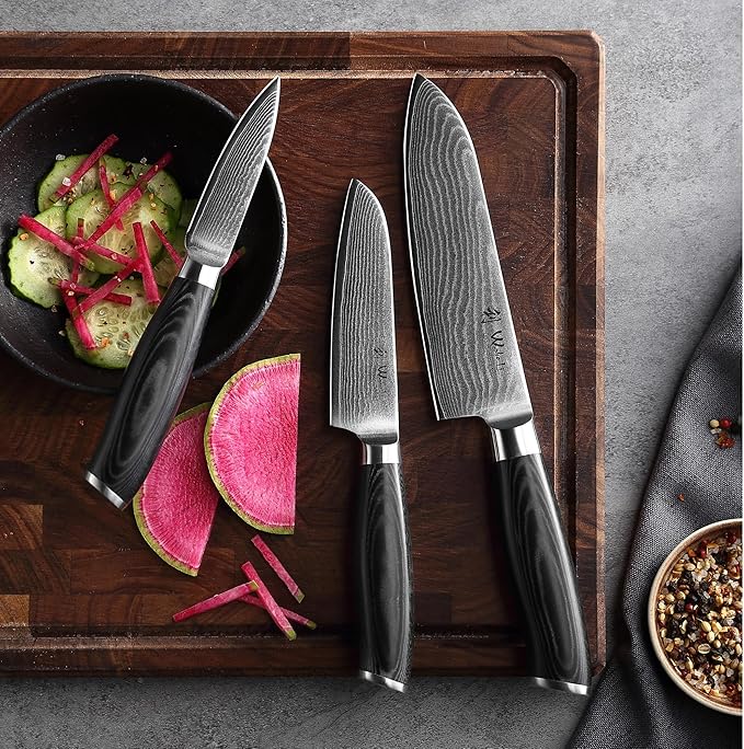 Wakoli MIK Damascus 3-Piece Knife Set – Japanese Style Kitchen Knives | Genuine Damascus Steel Blades with VG10 Core | Ergonomic Micarta Handles | Professional Chef Knife Gift Set in Elegant Box